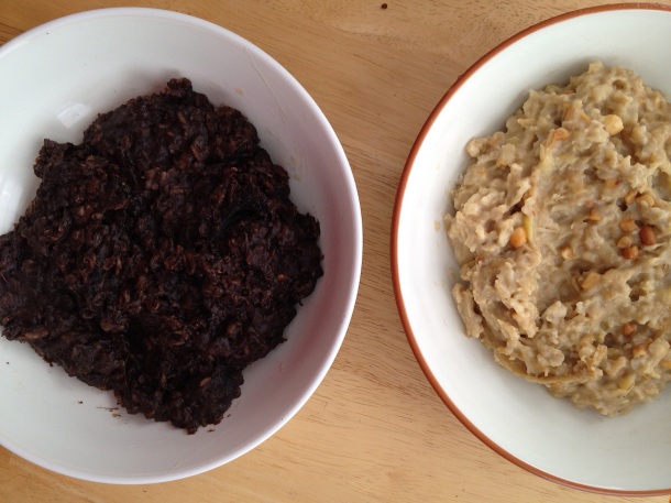 Left: Chocolate Oatmeal Right: Regular Oatmeal with peanut butter